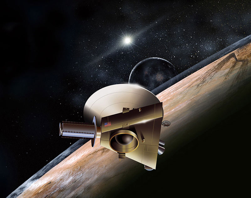 Impresión artística de la New Horizons pasando al lado de Plutón