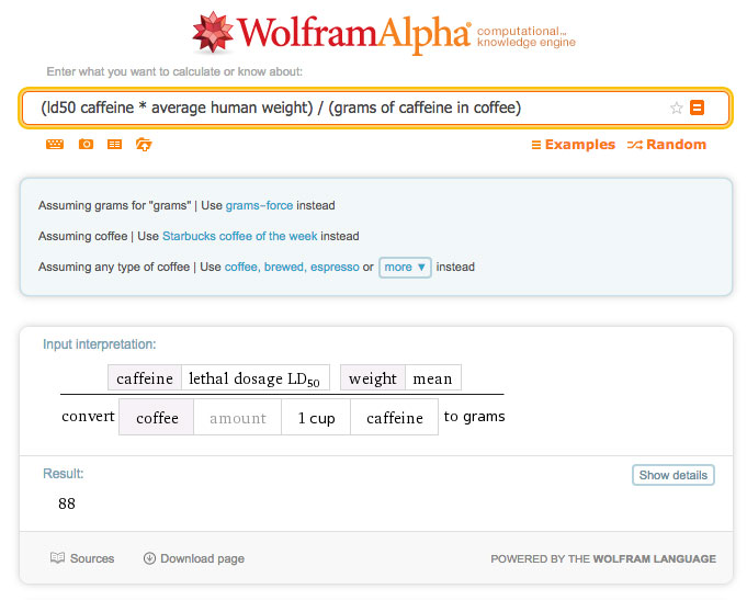 Cafeína en Wolfram Alpha