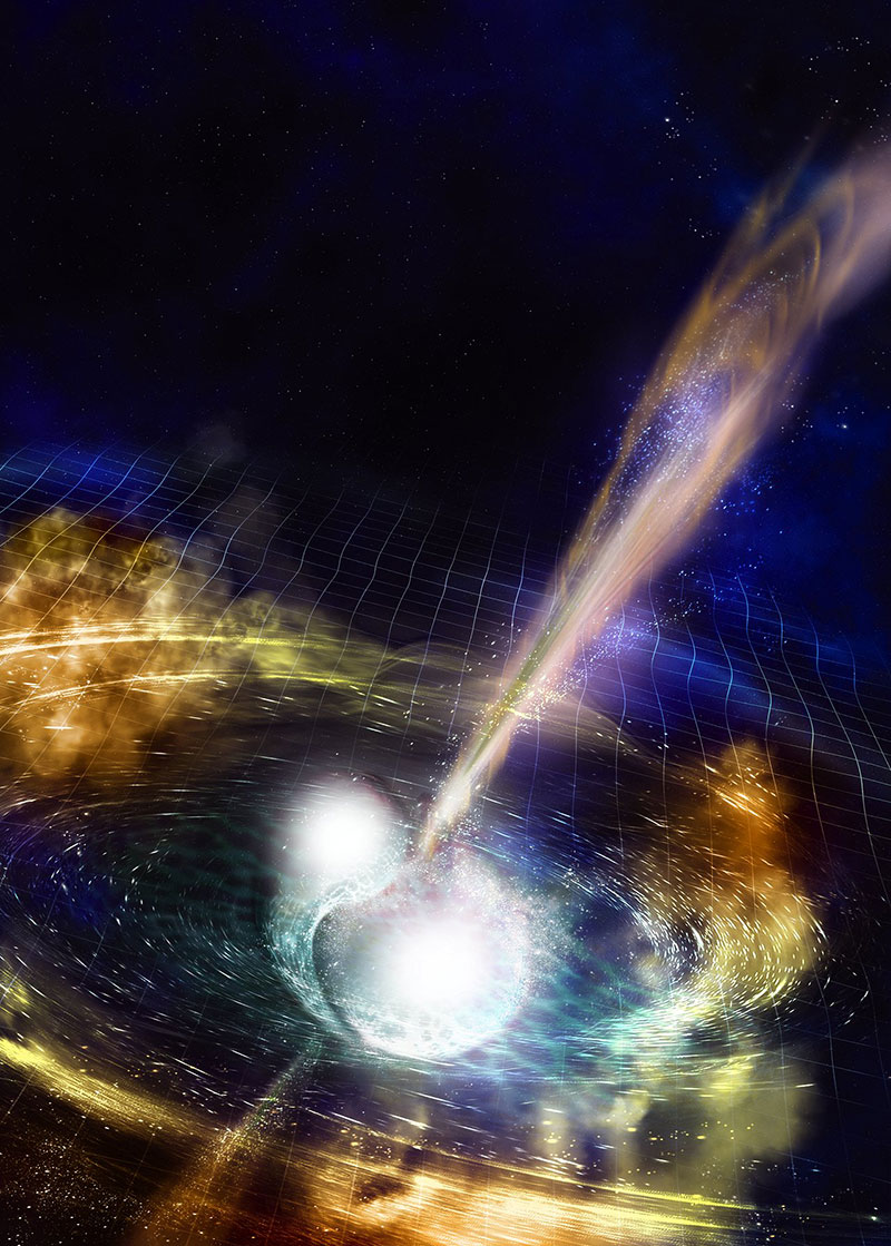 Otra concepción artística de la fusión de estrellas de neutrones y sus consecuencias