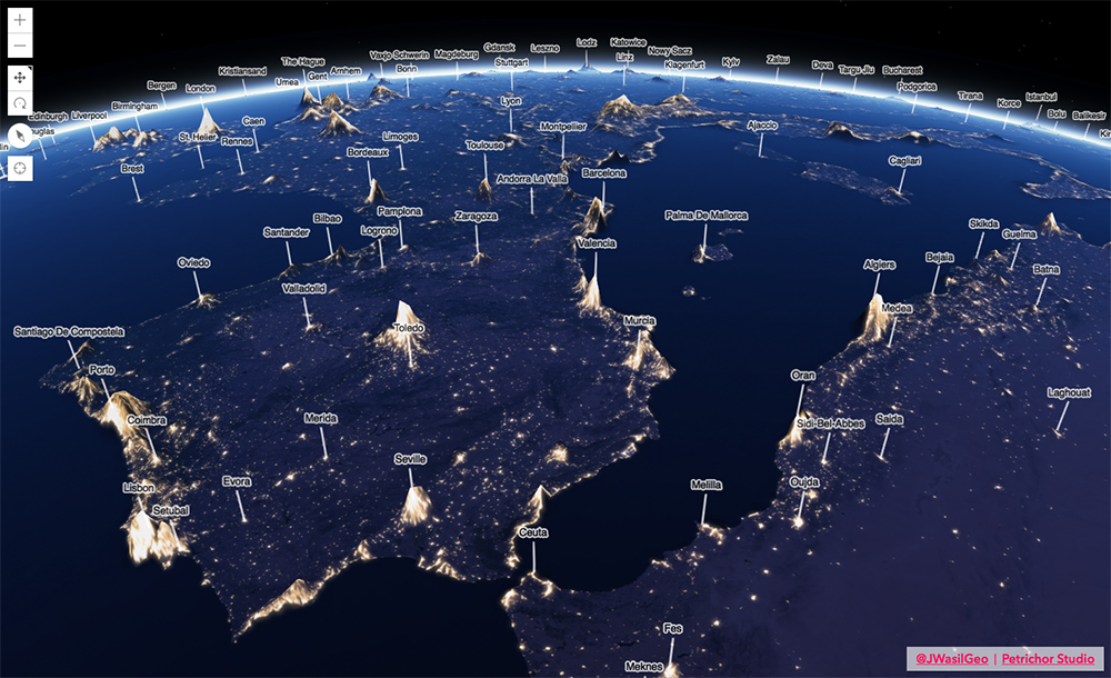 La Tierra vista de noche con un «mapa de elevación» que muestra la contaminación lumínica