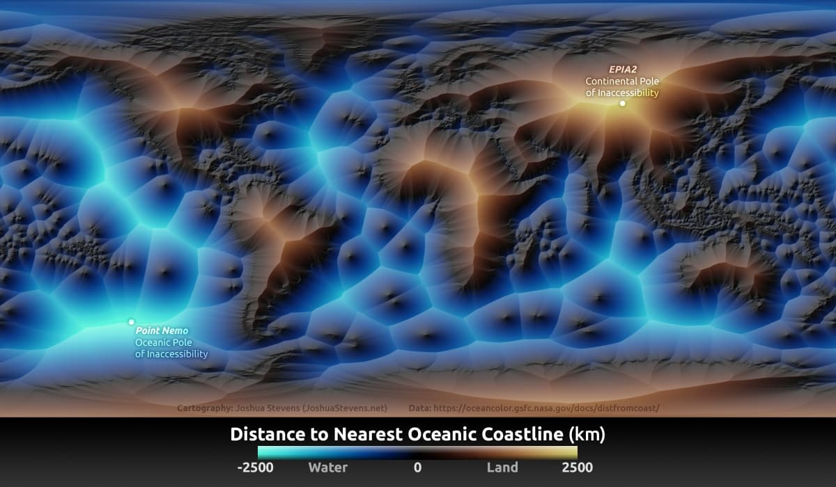 Mapping the Distance to the Nearest Coastline / Joshua Stevens