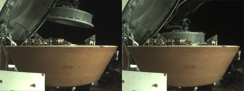 Dos imágenes del proceso de estiba del cabezal de muestreo – NASA/Goddard/University of Arizona/Lockheed Martin