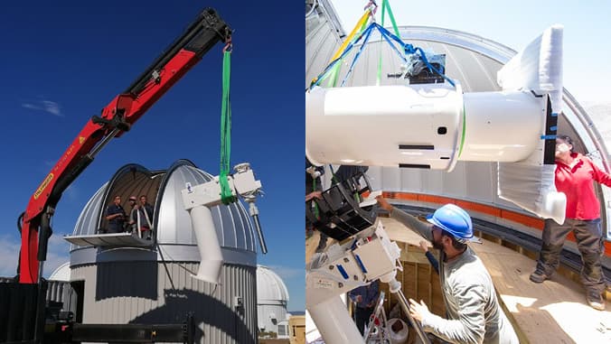 Izquierda: Estación Sutherland ATLAS durante su construcción en Sudáfrica – Willie Koorts (SAAO); Derecha: Ingenieros y astrónomos chilenos instalando el telescopio ATLAS en el Observatorio El Sauce