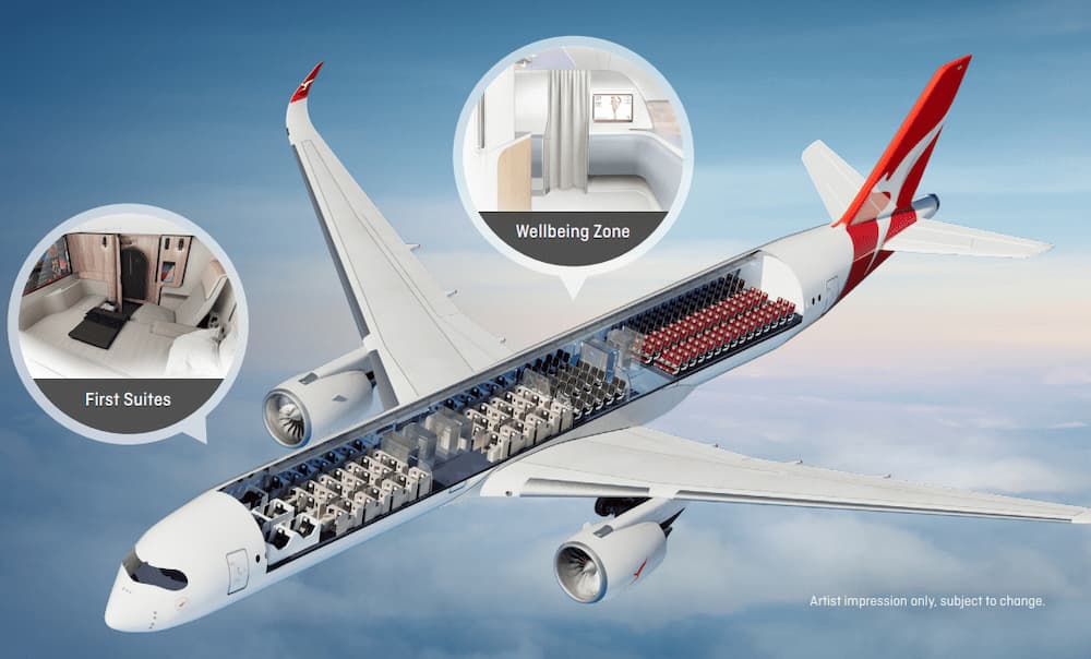 Impresión artística de la cabina de pasaje de los A350-1000 de Qantas - Qantas