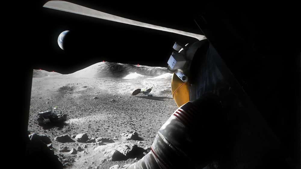 Una astronauta del programa Artemisa observando la superficie de la Luna desde su nave – NASA