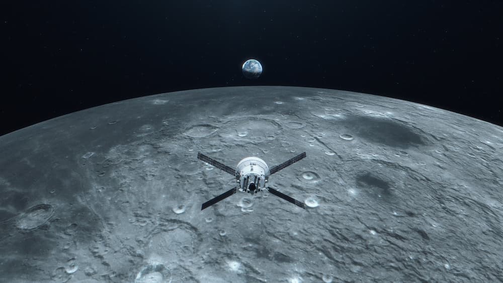 Impresión artística de la cápsula Orión de la misión Artemisa I sobrevolando la Luna con la Tierra al fondo – NASA/Liam Yanulis