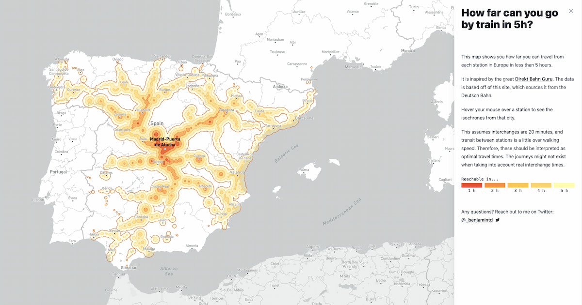 Quizás tubo Complacer Un mapa interactivo isócrono sobre lugares a los que se puede llegar en  tren en 5 horas desde cualquier estación de Europa