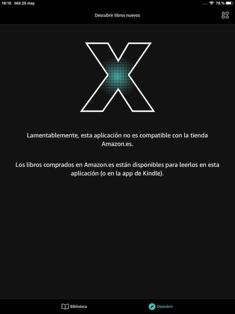 La app de ComiXology indicando que con una cuenta española no puedo comprar