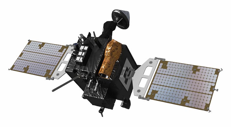 Impresión artística de la sonda con los paneles solares desplegados sobre un fondo blanco