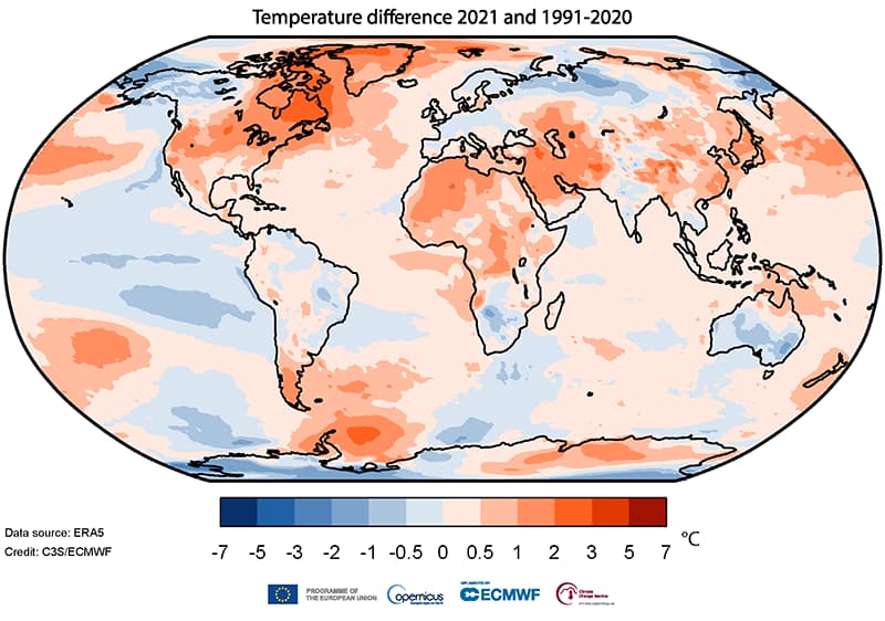 Temperatura del aire a dos metros de altura en 2021 en relación a su media de 1991-2020