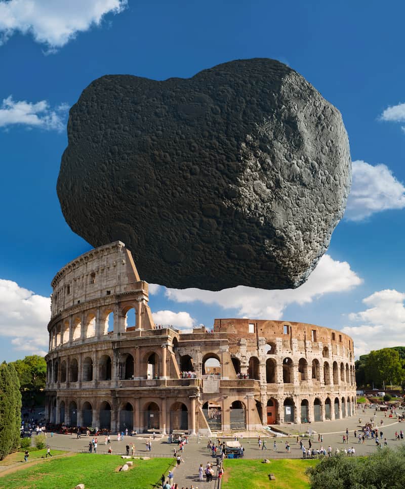 Fotomontaje en el que se compara Dimorphos con el Coliseo de Roma, que casi llena por completo