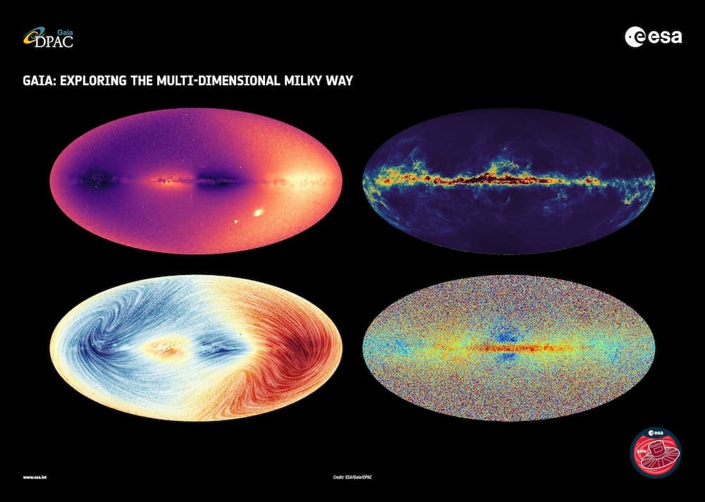 Cuatro representaciones de la Vía Láctea según distintos datos recogidos por Gaia – ESA/GAIA/DPAC