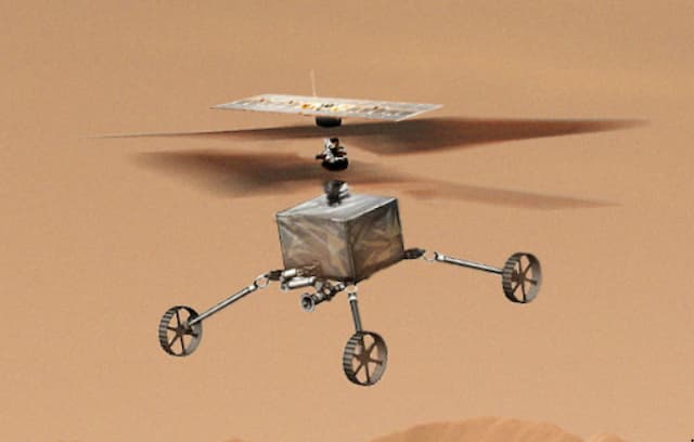 Impresión artística de uno de los helicópteros en vuelo en Marte – NASA