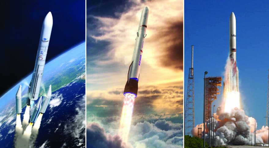 De izquierda a derecha: Ariane 6, New Glenn y Vulcan Centaur – Arianespace, Blue Origin y ULA vía 