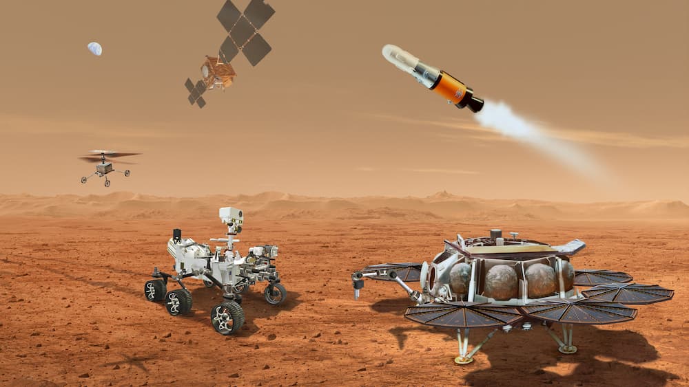 Impresión artística de los distintos elementos de la misión ya en Marte - NASA