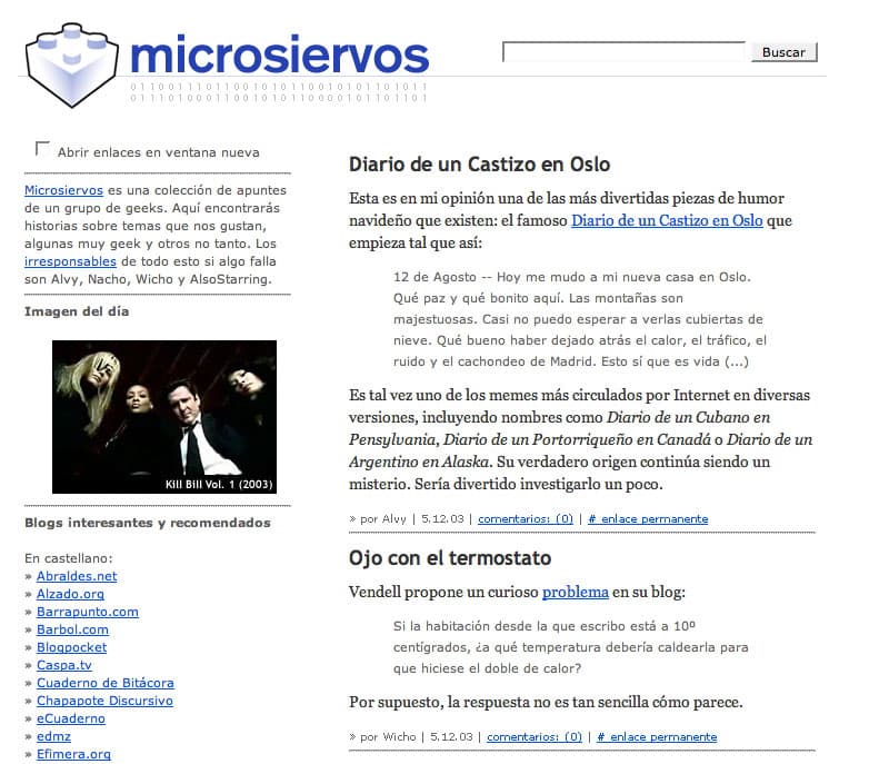 La portada de Microsiervos el 5 de diciembre de 2003