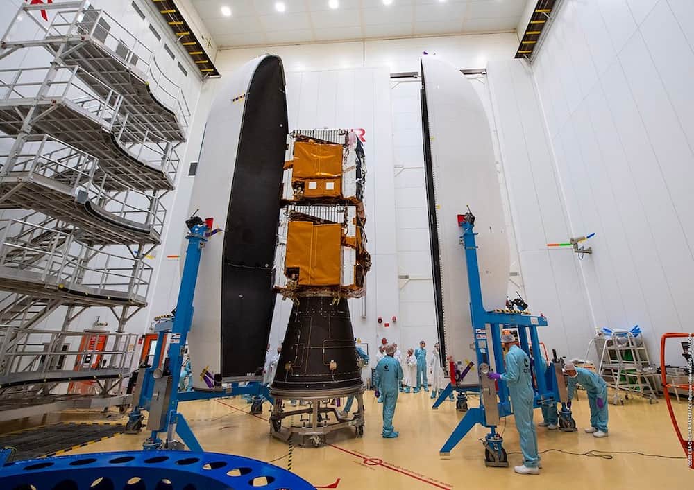 Foto de una sala de trabajo de las instalaciones de Arianespace en la que se ven los dos satélites colocados uno encima de otro mientras varias personas trabajan en cerrar las dos mitades de la cofia protectora alrededor de ellos