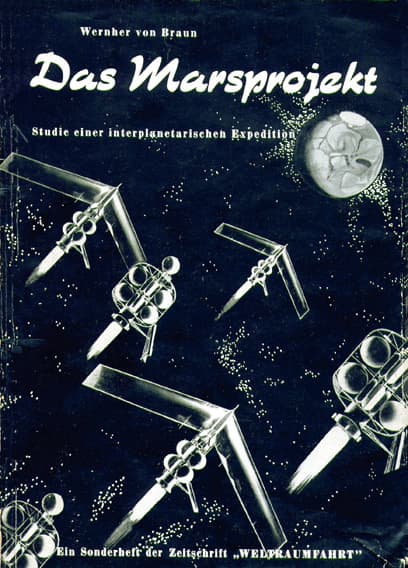 Portada del libro Das Marsprojekt de Wehrner von Braun de 1948 que incluye dibujos de una flotilla de cohetes dirigiéndose a Marte