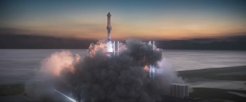 Impresión artística de un Starship despegando desde Starbase – SpaceX