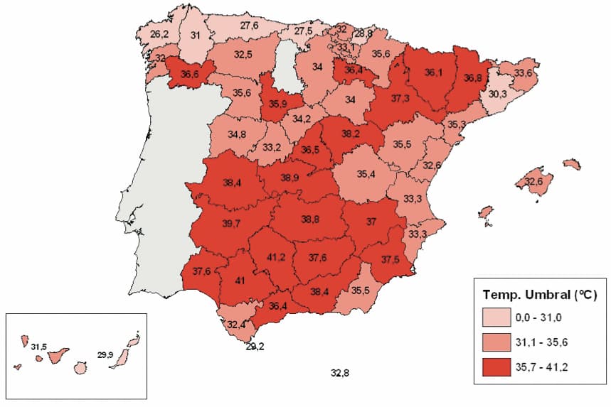 Un mapa de España con la temperatura a partir de la que se considera que hay una ola de calor en cada provincia; están también indicadas en un rojo cada vez más intenso que las agrupa en tres franjas en las que la temperatura umbral es cada vez mayor: de 0 a 31; de 31,1 a 35,6; y de 35,7 a 41,2 °C