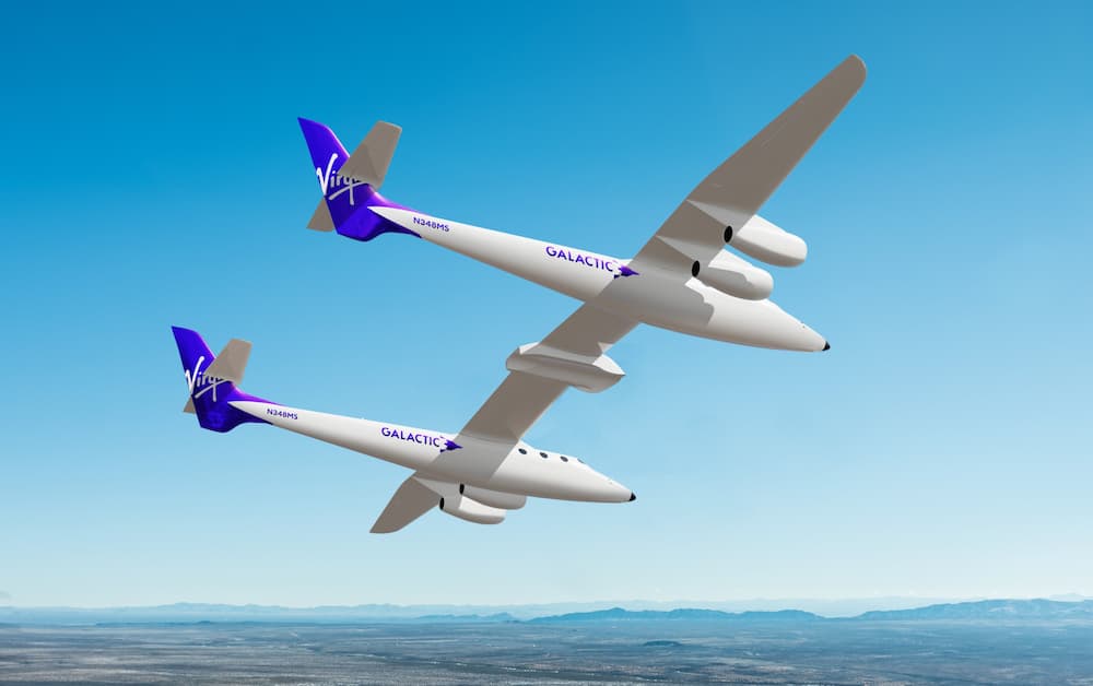 Impresión artística de uno de los nuevos aviones nodriza en vuelo – Virgin Galactic