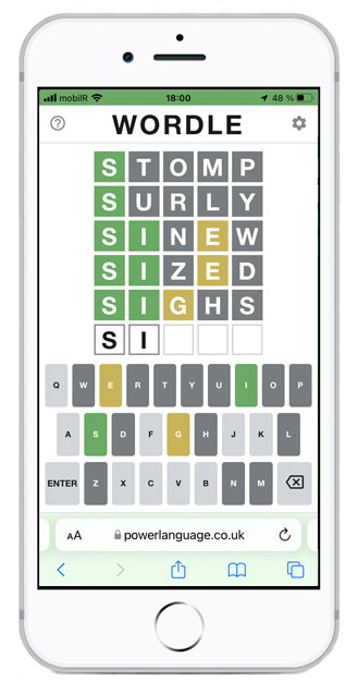 Wordle en un iphone 8 con un puzzle ya pasado para evitar espoileres