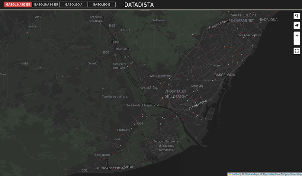 Mapa de todas las gasolineras de España con su precio en tiempo real - DATADISTA