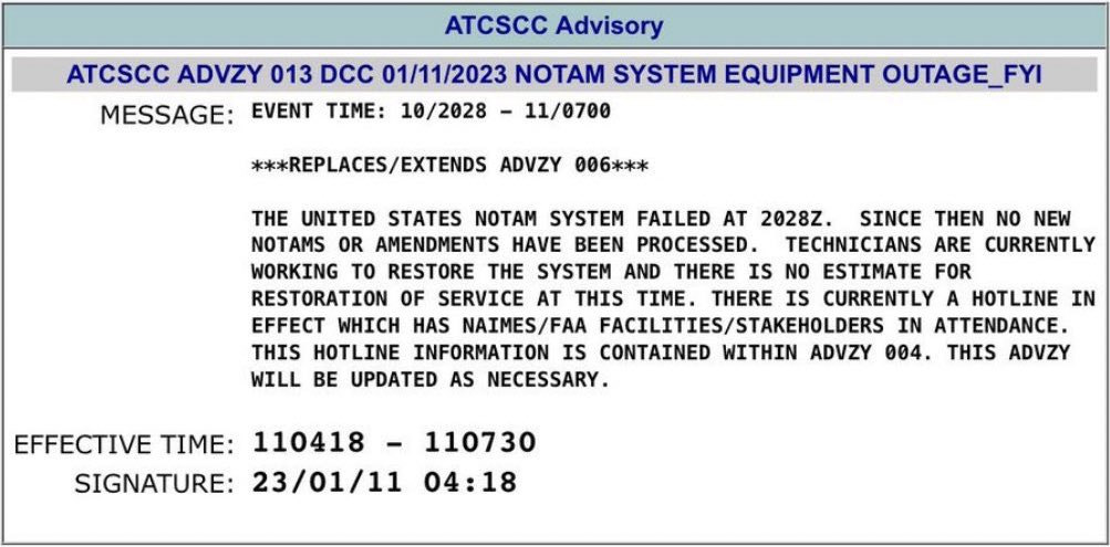 Mensaje del Centro de Mando del Sistema de Control de Tráfico Aéreo de los Estados Unidos en el que se avisa del fallo