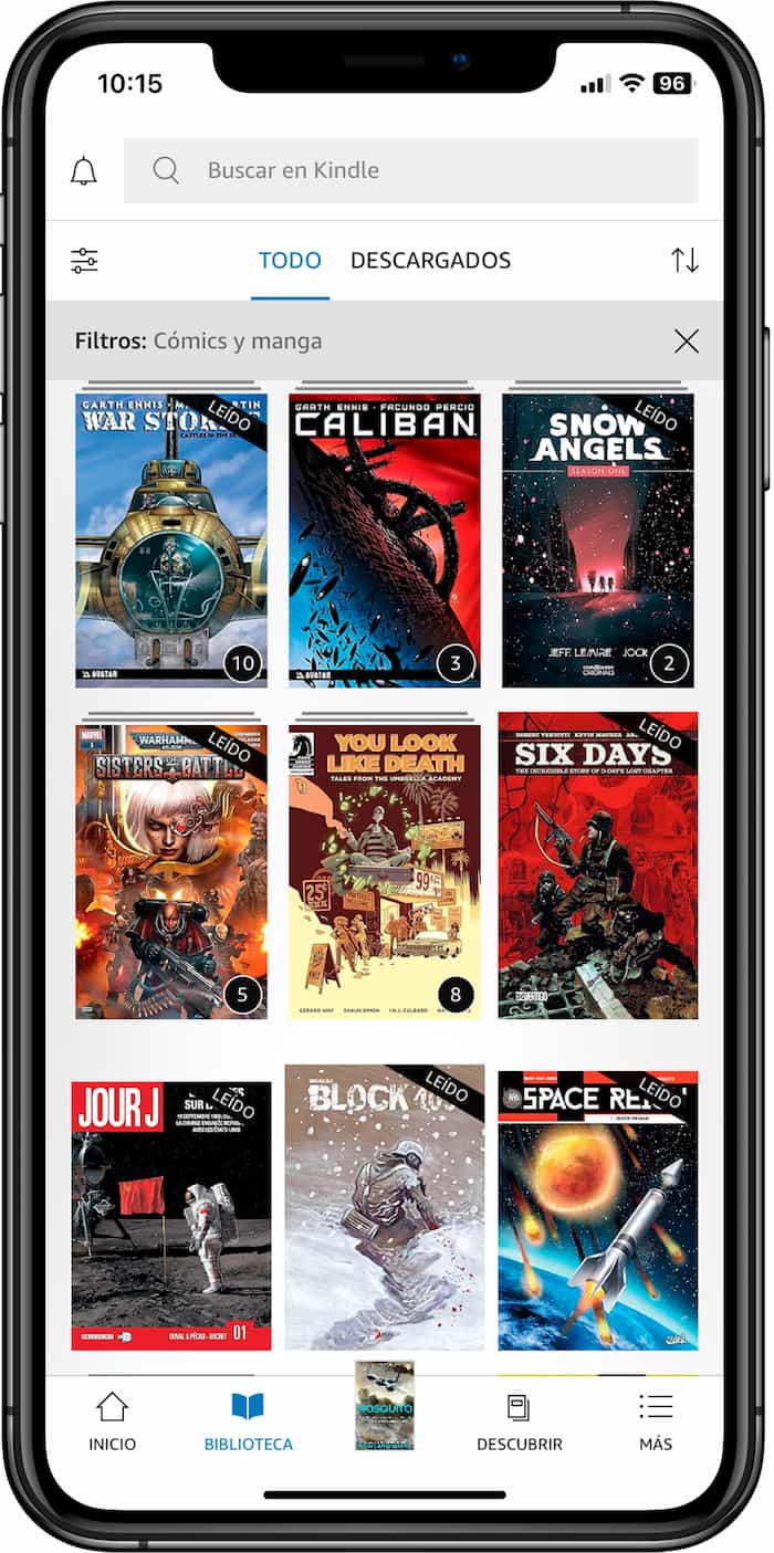 La app de Kindle para iOS mostrando mi colección de cómics