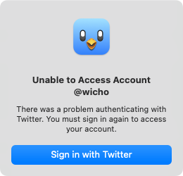 Captura de pantalla del error de Tweetbot que dice que no puede acceder a mi cuenta