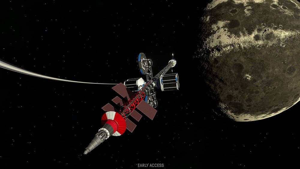 Una estación espacial en órbita alrededor de una luna
