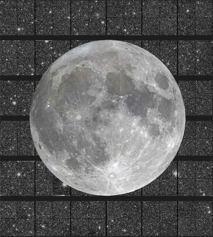 La Luna superpuesta al campo de observación de VIS para indicar que el instrumento capta una sección del cielo algo mayor que ella