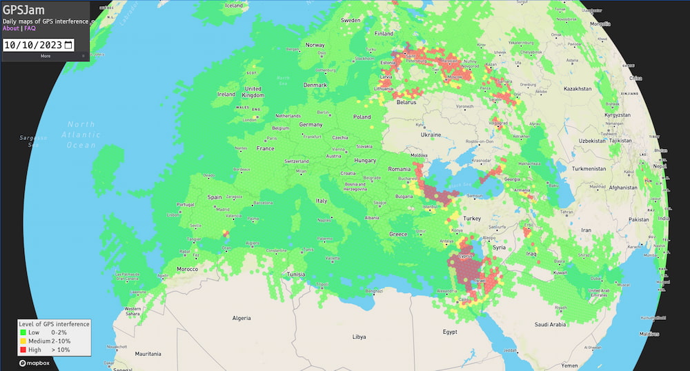 Un mapa que muestra las zonas de interferencias en el GPS según los datos de navegación aérea