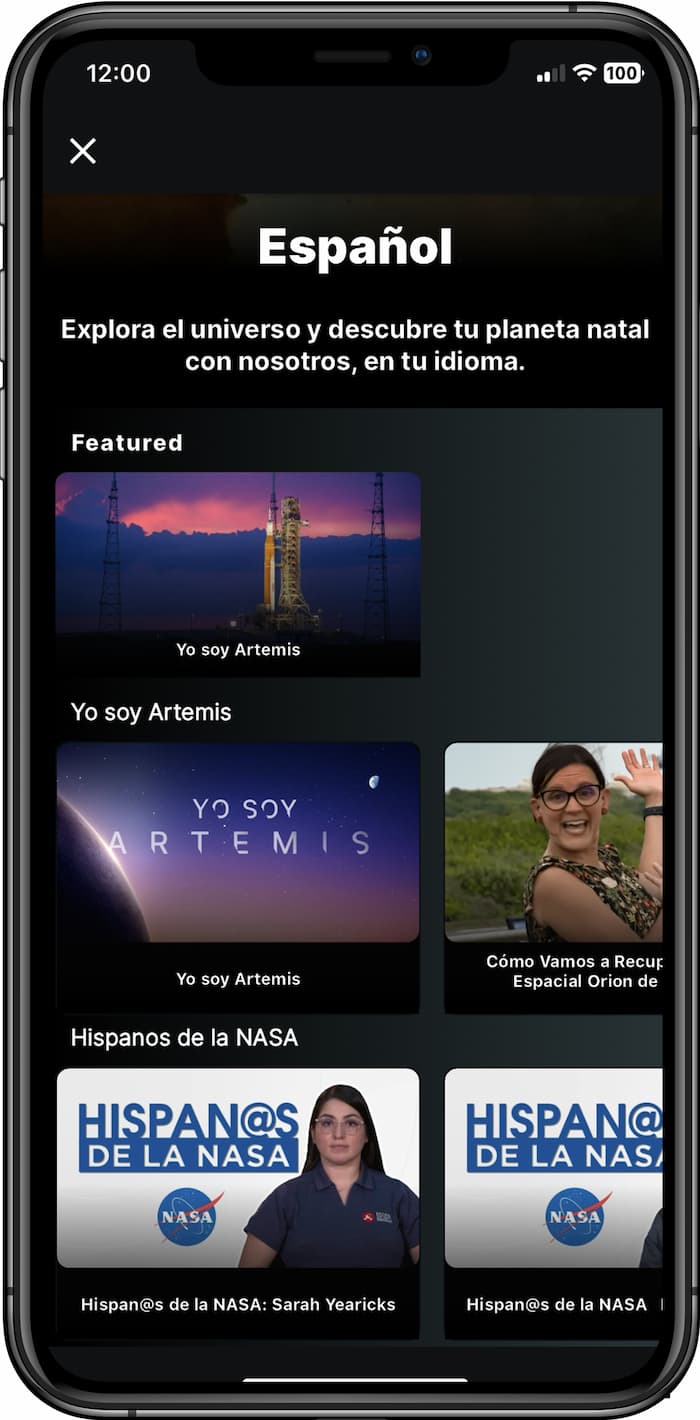 Captura de pantalla de la sección en español de NASA+ en un iPhone