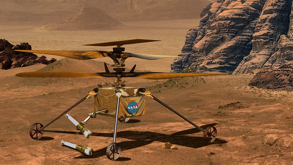 Uno de los helicópteros de recogida de muestras posado sobre la superficie de Marte con un tubo en su brazo de recogida y otro en el suelo