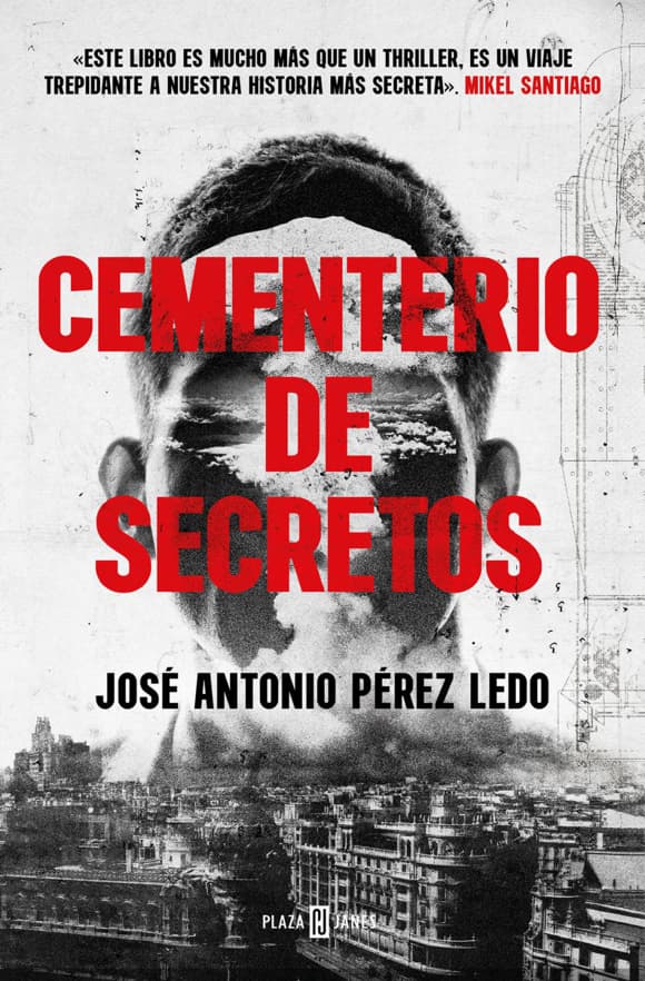 Portada del libro con una foto de Madrid en la parte inferior y una cabeza con una explosión nuclear dentro de ella en la parte superior