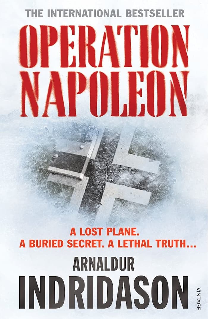 Portada del libro en la que se ve la cruz del fuselaje de un avión de la Luftwaffe medio cubierta de nieve además del título de la novela, el nombre del autor, y una brevísima descripción de la trama con algunas palabras clave