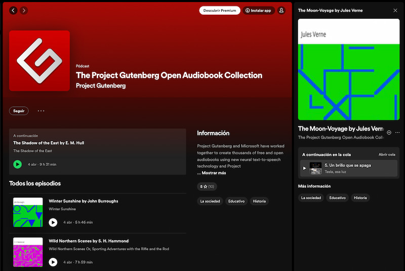 La colección de audiolibros del Proyecto Gutenberg leídos por las voces de la IA de Microsoft