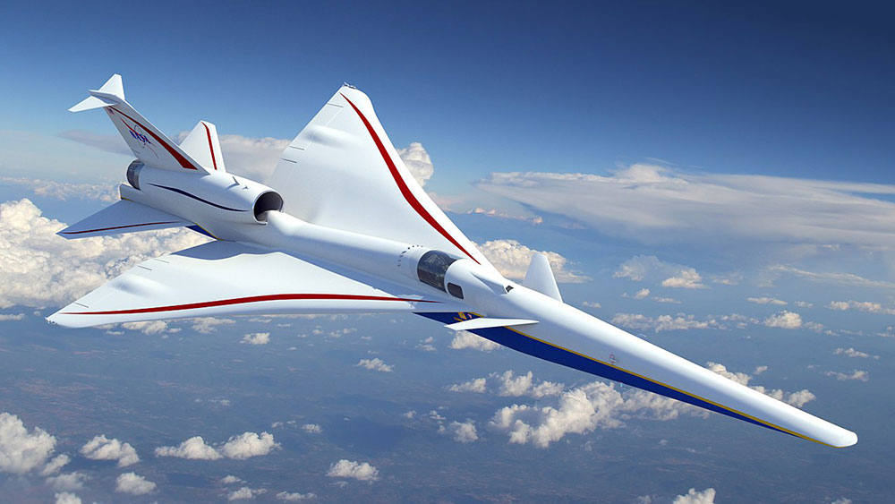 Impresión artística del X-59 en vuelo visto desde arriba a la derecha