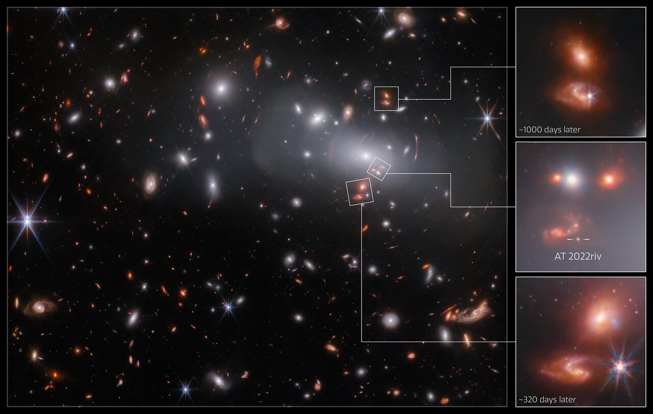 Tres imágenes diferentes de la misma galaxia en la misma foto debido a los efectos de una colosal lente gravitacional