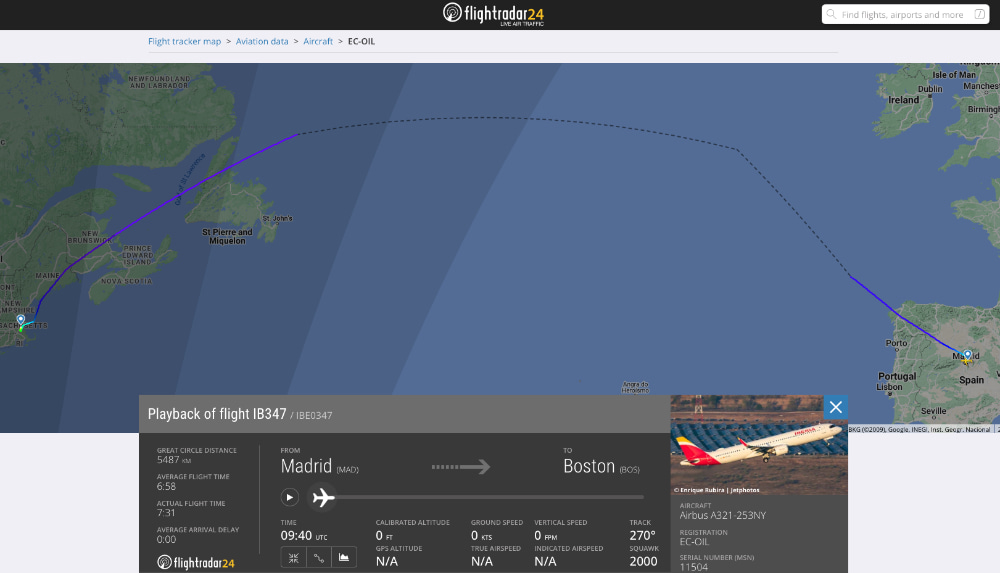 Captura de pantalla de Flightradar con la trayectoria y datos del vuelo