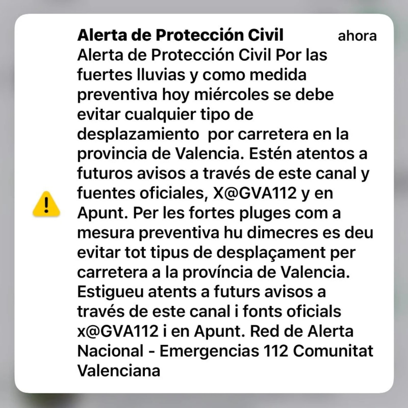 Captura de pantalla de la alerta por la DANA en Valencia del 29 de octubre de 2024