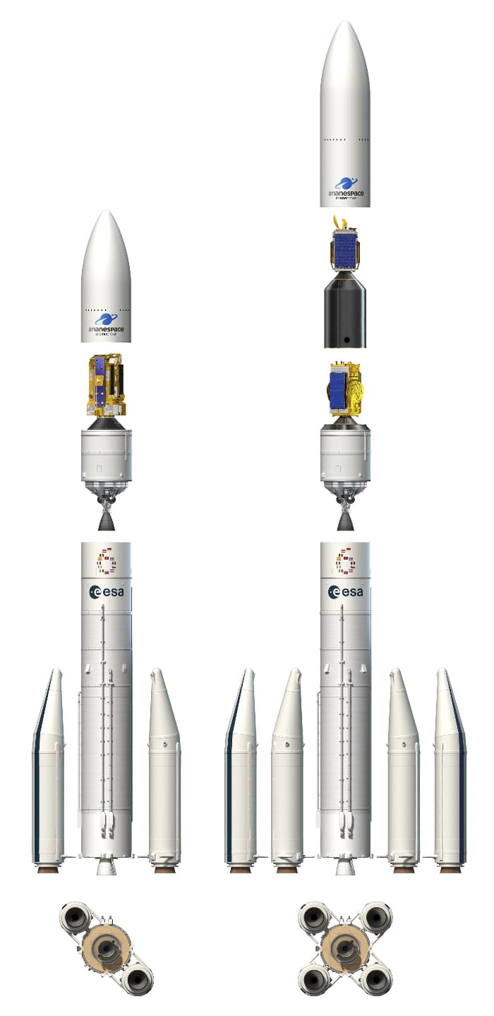 Ilustración con las dos variantes del Ariane 6 y sus componentes