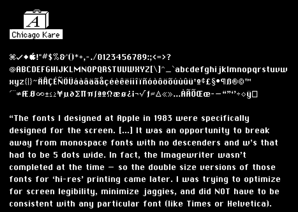 Un homenaje tipográfico a Susan Kare, diseñadora de Apple en los 80 y creadora de la fuente Chicago