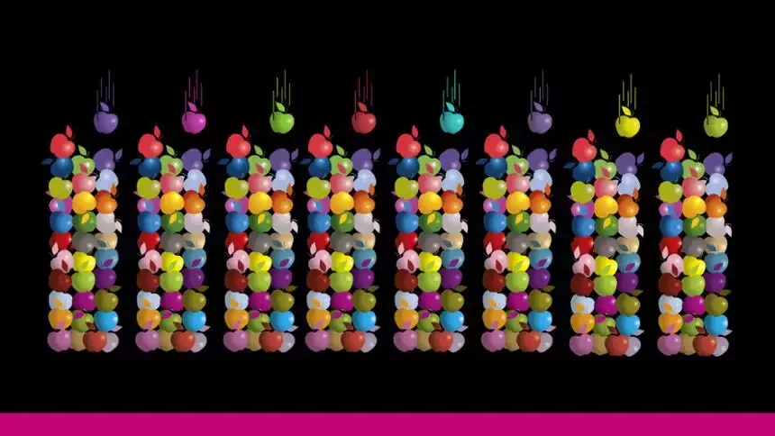 Ilustración que muestra unos prismas formados por manzanas de colores