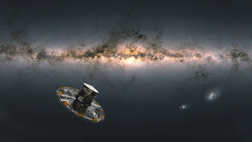Impresión artística de Gaia en el espacio con la Vía Láctea al fondo