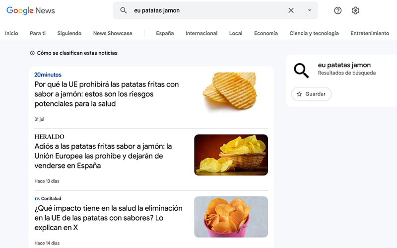 GoogleFactCheck y GoogleNews buscando patatas sabor jamón