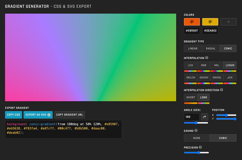 Un generador de degradados con exportación a CSS y SVG con un solo clic