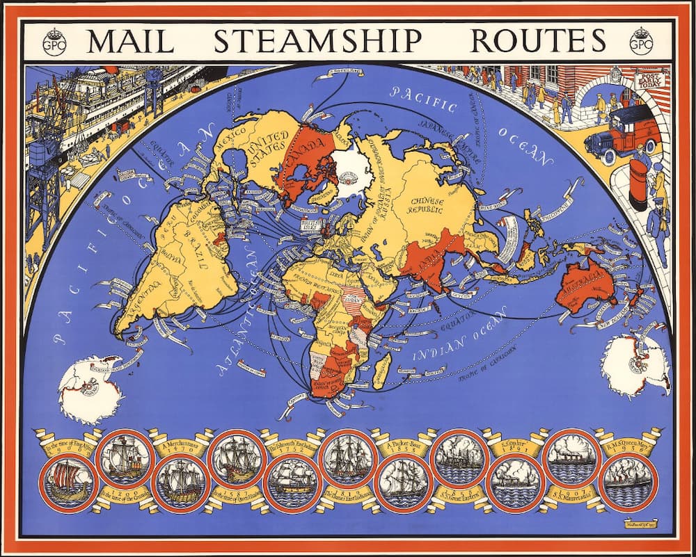 El mapa de las rutas marítimas del correo postal a principios del siglo XX