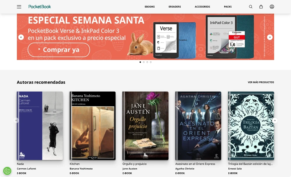 Captura de pantalla de la página principal de la web de PocketBook en España